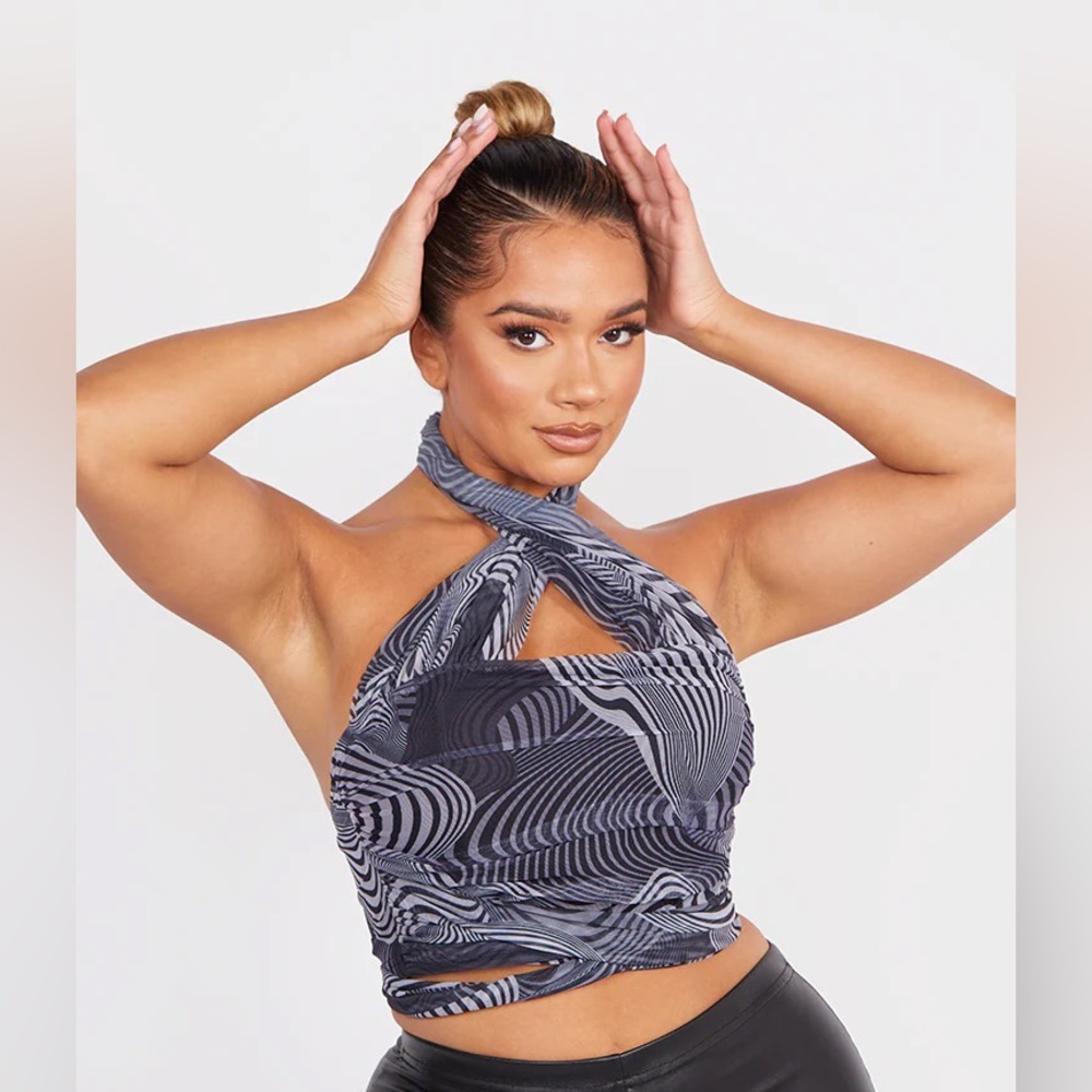 Pretty Little Thing monochrome swirl print mesh halter neck tie top.